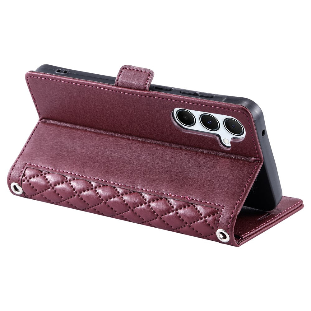 For Samsung Galaxy A57 5G Leather Case Rhombus Texture Wallet Stand Phone Cover with Wrist Strap - Wine Red