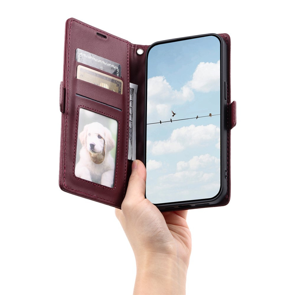For Samsung Galaxy A57 5G Leather Case Rhombus Texture Wallet Stand Phone Cover with Wrist Strap - Wine Red