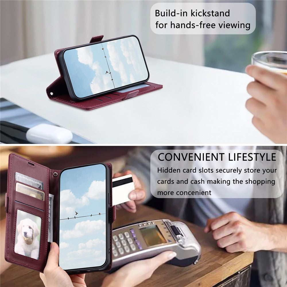 For Samsung Galaxy A57 5G Leather Case Rhombus Texture Wallet Stand Phone Cover with Wrist Strap - Wine Red