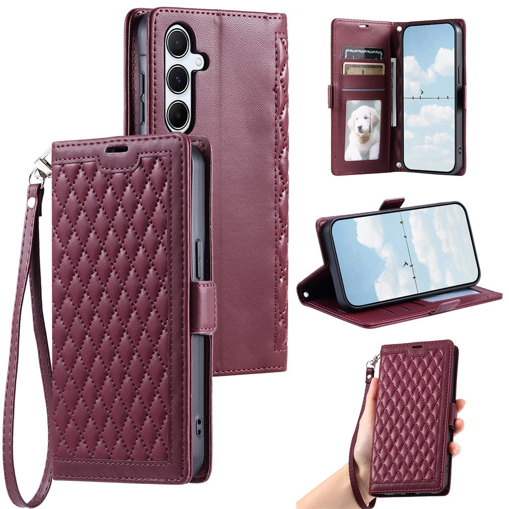 For Samsung Galaxy A57 5G Leather Case Rhombus Texture Wallet Stand Phone Cover with Wrist Strap - Wine Red