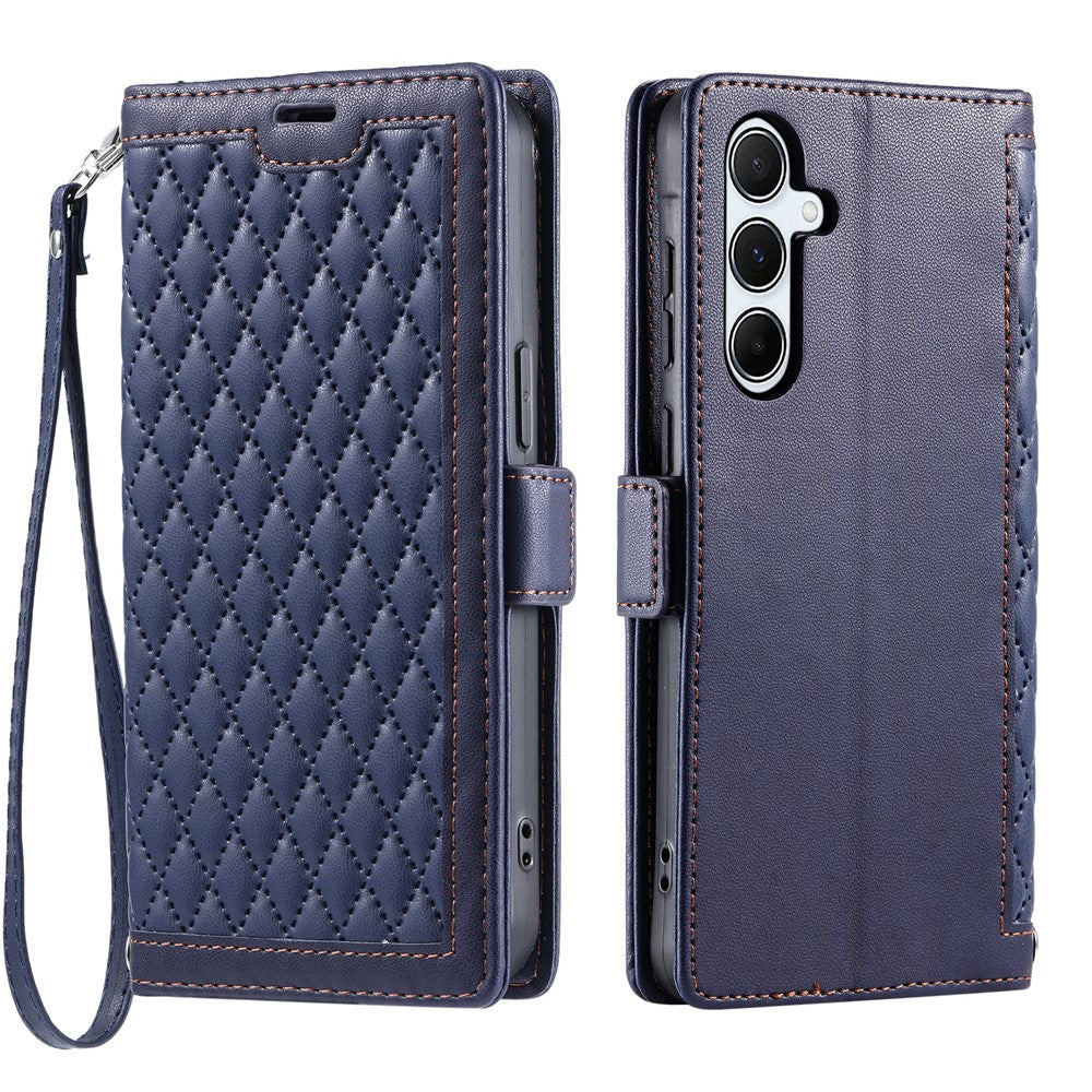 For Samsung Galaxy A57 5G Leather Case Rhombus Texture Wallet Stand Phone Cover with Wrist Strap - Blue