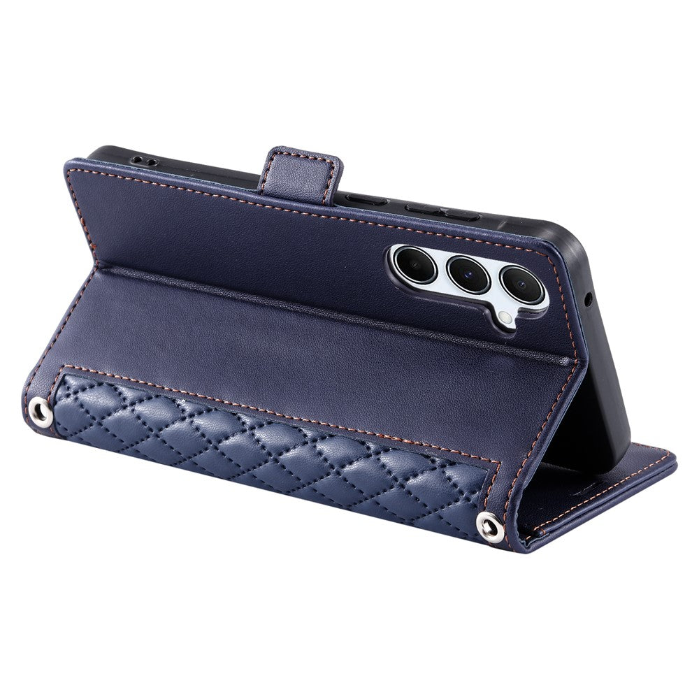 For Samsung Galaxy A57 5G Leather Case Rhombus Texture Wallet Stand Phone Cover with Wrist Strap - Blue