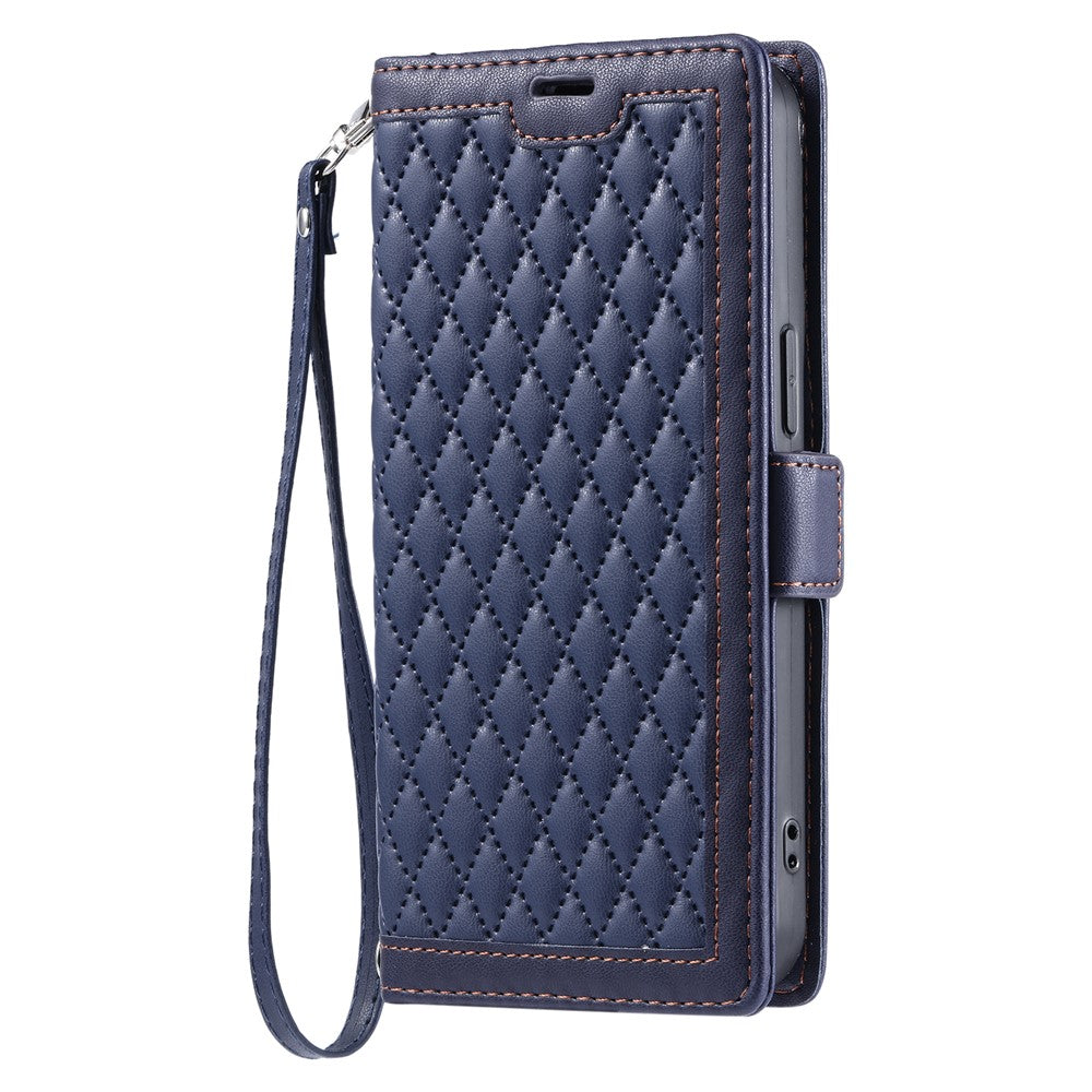 For Samsung Galaxy A57 5G Leather Case Rhombus Texture Wallet Stand Phone Cover with Wrist Strap - Blue