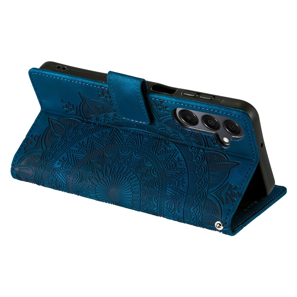 For Samsung Galaxy A57 5G Case Imprinted Totem Skin Feel Wallet Leather Phone Cover with Hand Strap - Blue