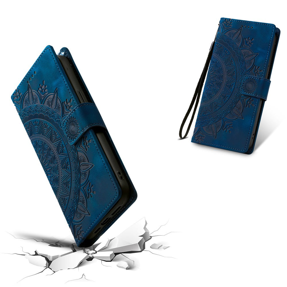 For Samsung Galaxy A57 5G Case Imprinted Totem Skin Feel Wallet Leather Phone Cover with Hand Strap - Blue