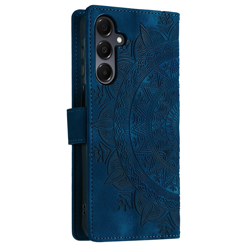 For Samsung Galaxy A57 5G Case Imprinted Totem Skin Feel Wallet Leather Phone Cover with Hand Strap - Blue