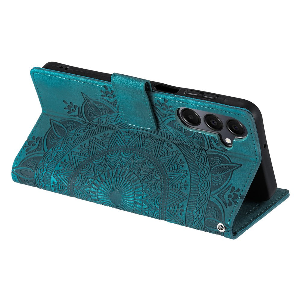 For Samsung Galaxy A57 5G Case Imprinted Totem Skin Feel Wallet Leather Phone Cover with Hand Strap - Mint Green