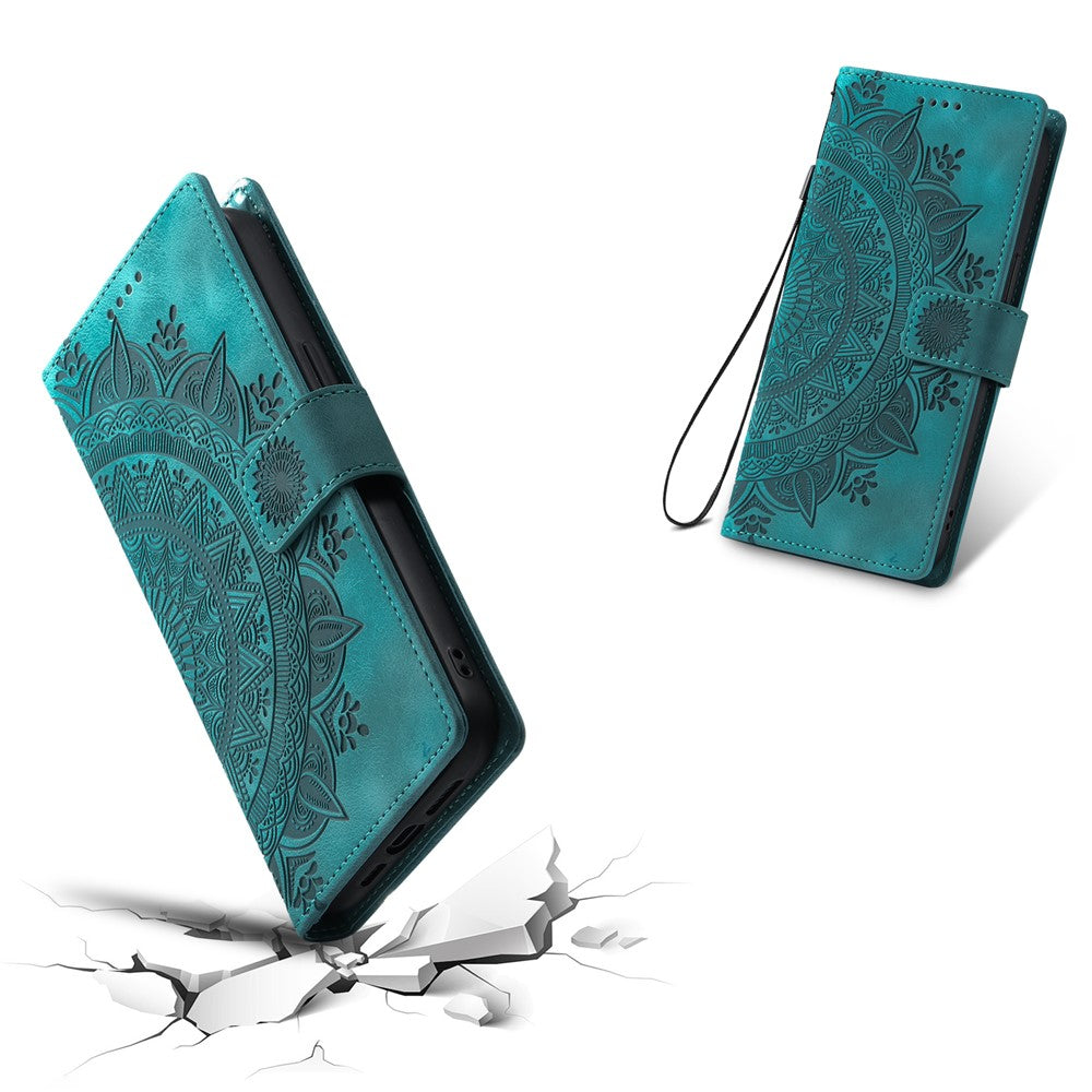 For Samsung Galaxy A57 5G Case Imprinted Totem Skin Feel Wallet Leather Phone Cover with Hand Strap - Mint Green