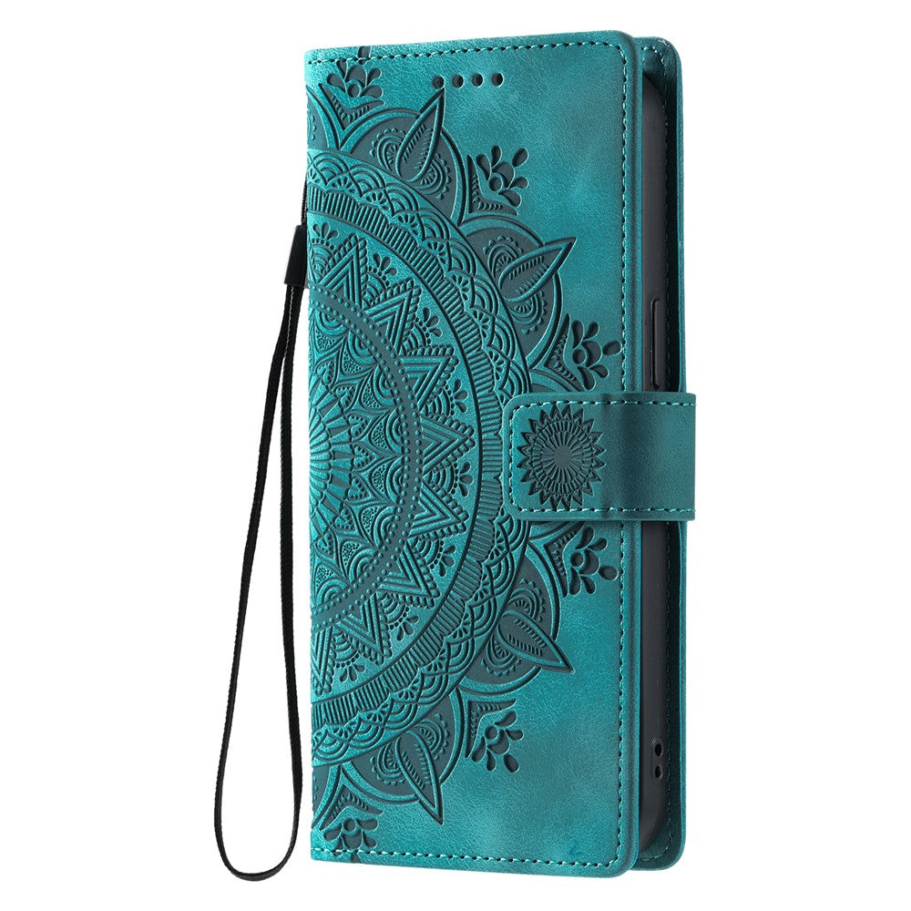 For Samsung Galaxy A57 5G Case Imprinted Totem Skin Feel Wallet Leather Phone Cover with Hand Strap - Mint Green