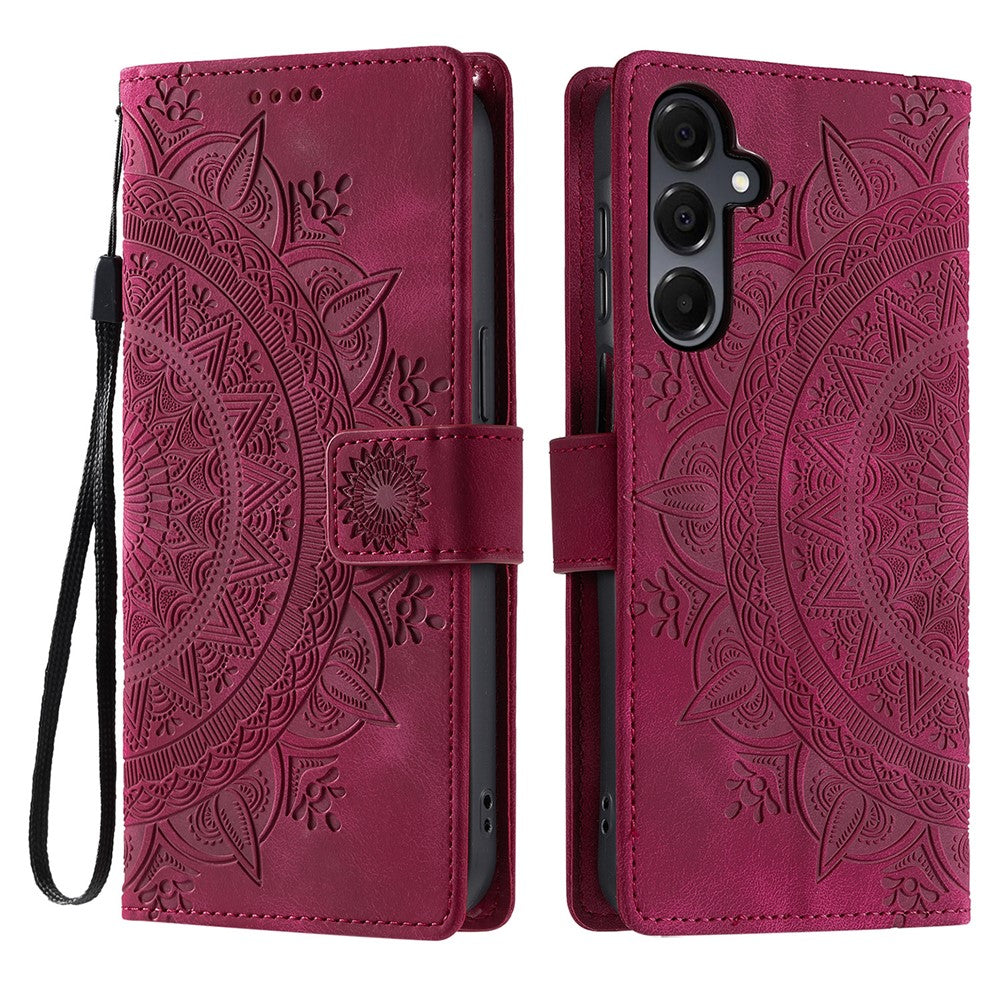 For Samsung Galaxy A57 5G Case Imprinted Totem Skin Feel Wallet Leather Phone Cover with Hand Strap - Rose