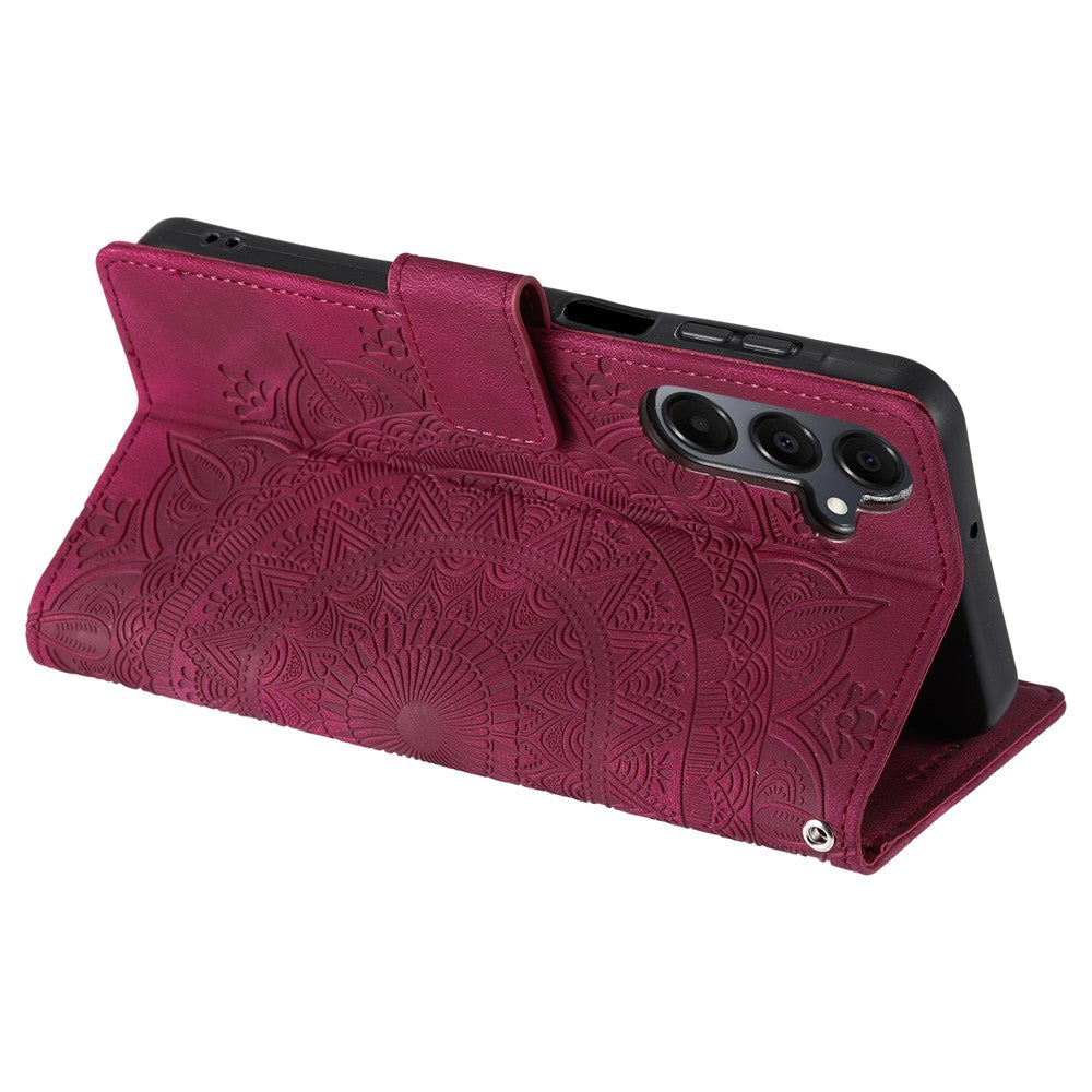 For Samsung Galaxy A57 5G Case Imprinted Totem Skin Feel Wallet Leather Phone Cover with Hand Strap - Rose