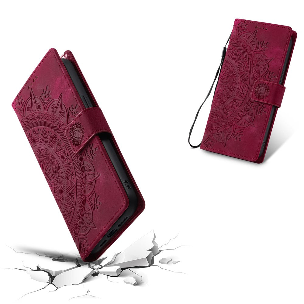 For Samsung Galaxy A57 5G Case Imprinted Totem Skin Feel Wallet Leather Phone Cover with Hand Strap - Rose