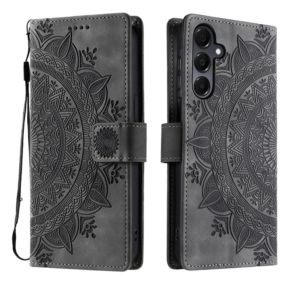 For Samsung Galaxy A57 5G Case Imprinted Totem Skin Feel Wallet Leather Phone Cover with Hand Strap - Grey