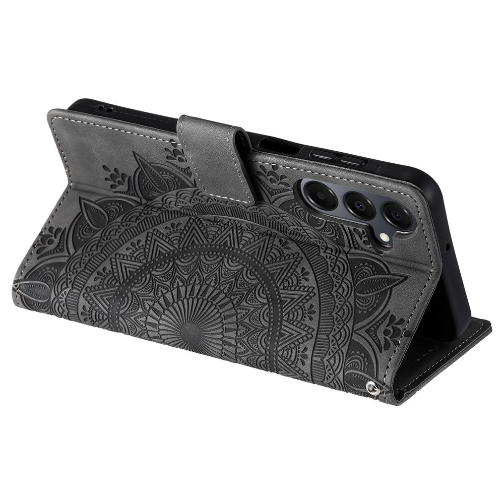 For Samsung Galaxy A57 5G Case Imprinted Totem Skin Feel Wallet Leather Phone Cover with Hand Strap - Grey