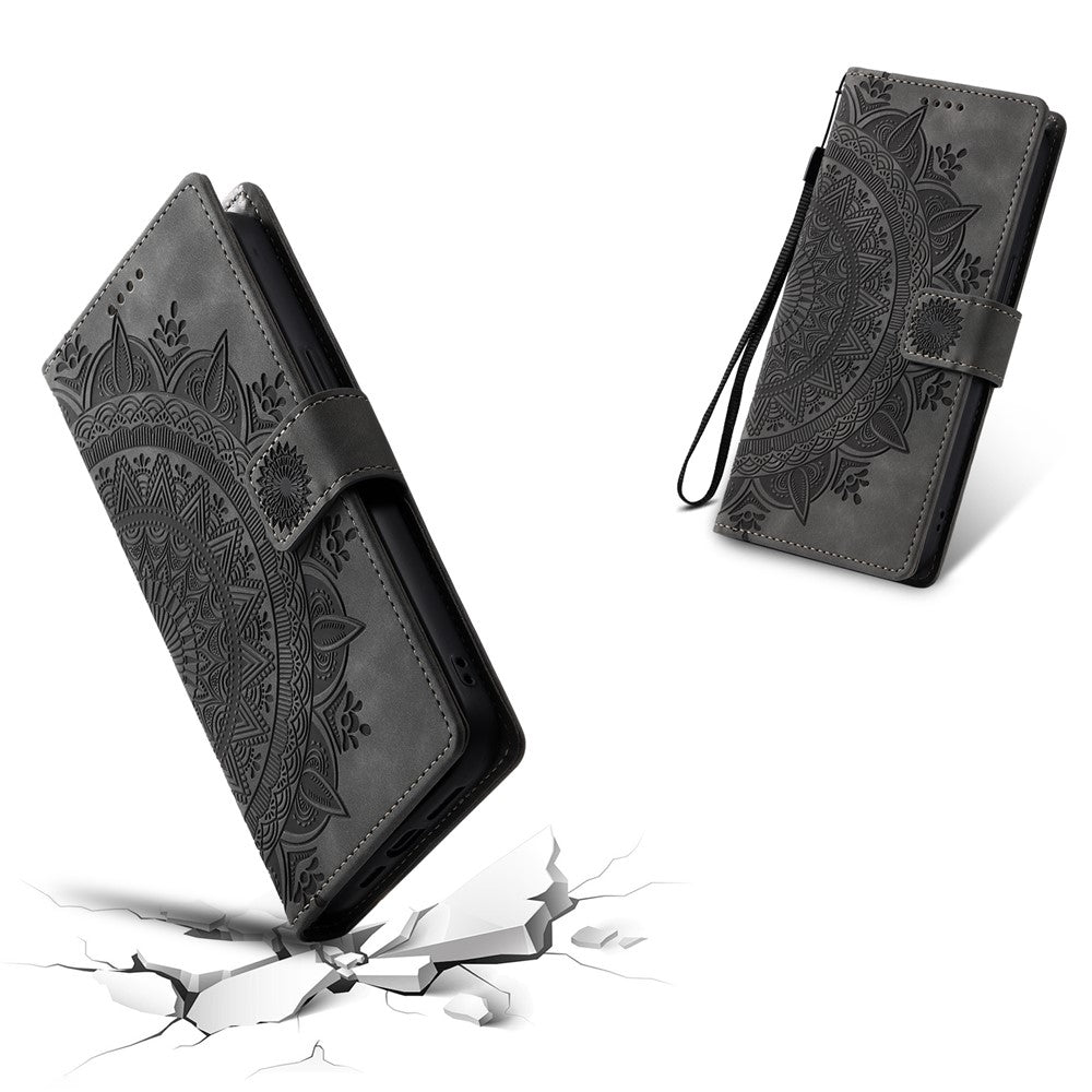 For Samsung Galaxy A57 5G Case Imprinted Totem Skin Feel Wallet Leather Phone Cover with Hand Strap - Grey