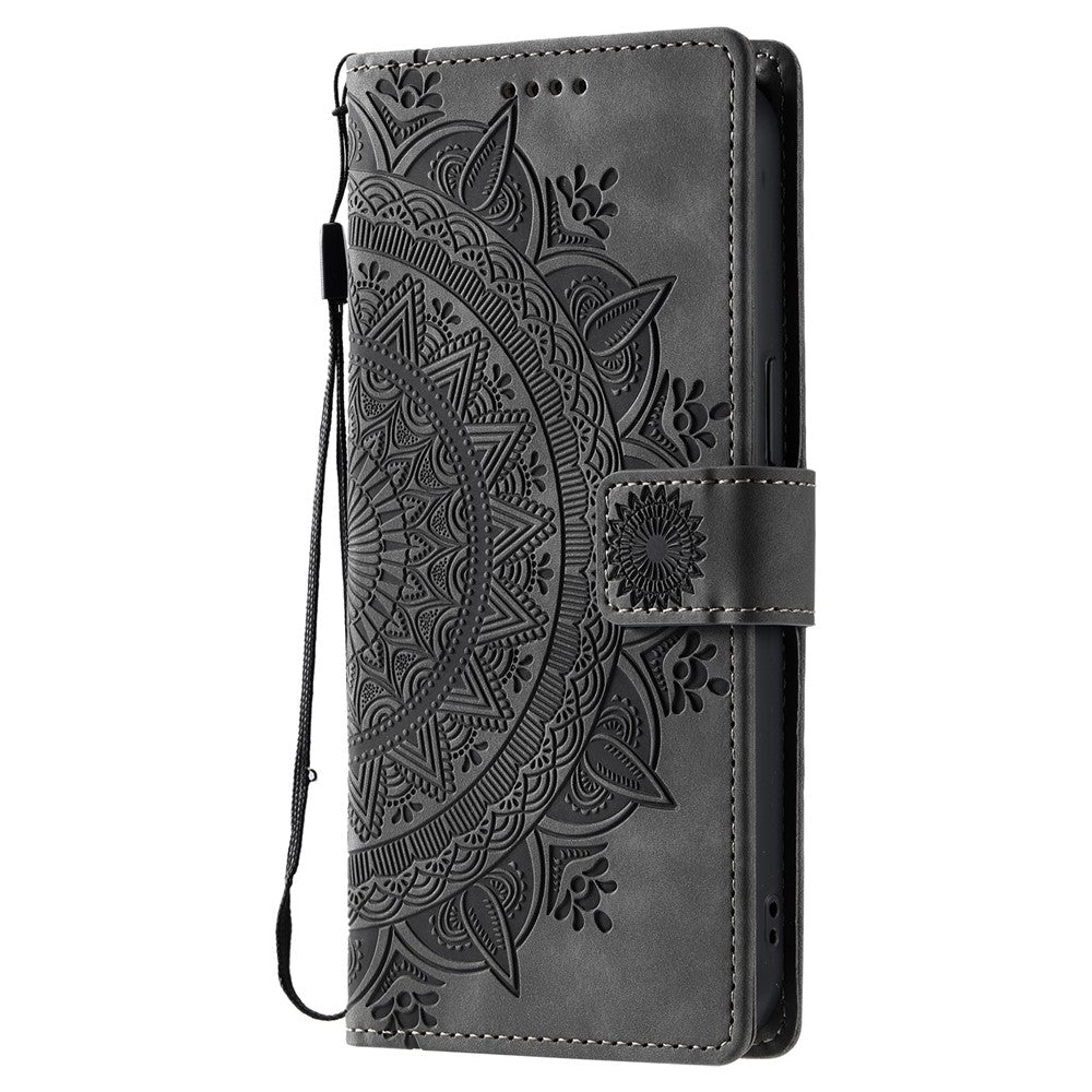 For Samsung Galaxy A57 5G Case Imprinted Totem Skin Feel Wallet Leather Phone Cover with Hand Strap - Grey