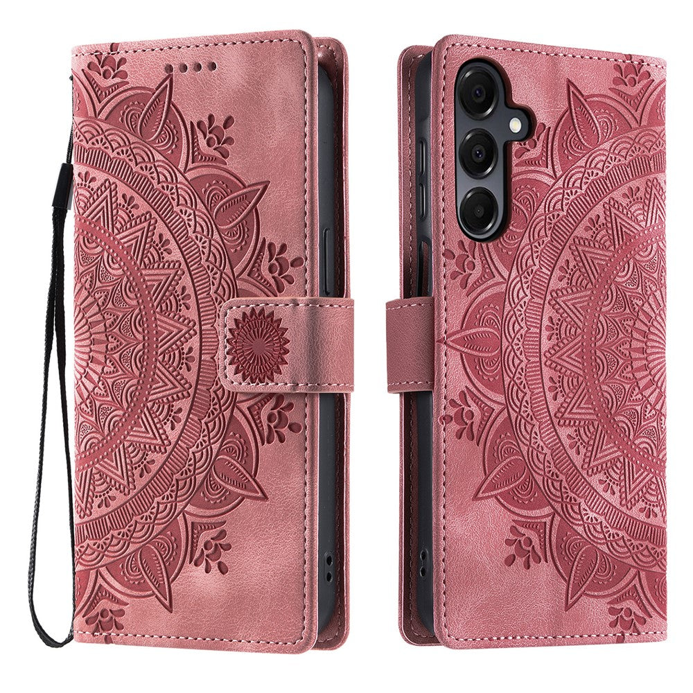 For Samsung Galaxy A57 5G Case Imprinted Totem Skin Feel Wallet Leather Phone Cover with Hand Strap - Rose Gold