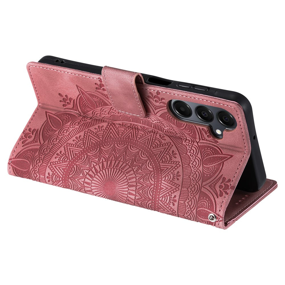 For Samsung Galaxy A57 5G Case Imprinted Totem Skin Feel Wallet Leather Phone Cover with Hand Strap - Rose Gold