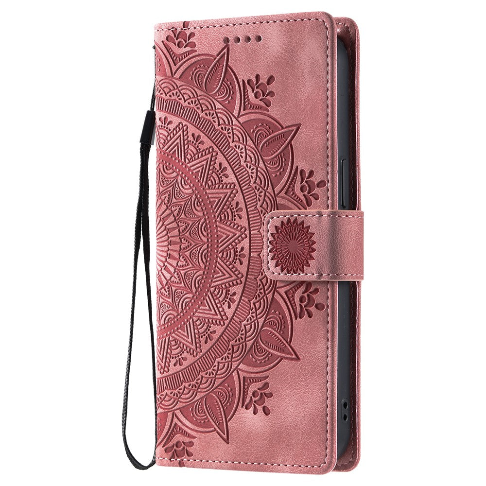 For Samsung Galaxy A57 5G Case Imprinted Totem Skin Feel Wallet Leather Phone Cover with Hand Strap - Rose Gold