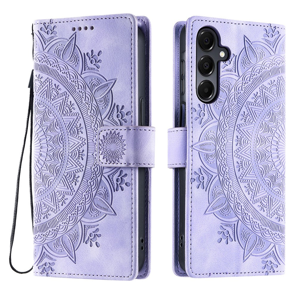 For Samsung Galaxy A57 5G Case Imprinted Totem Skin Feel Wallet Leather Phone Cover with Hand Strap - Purple