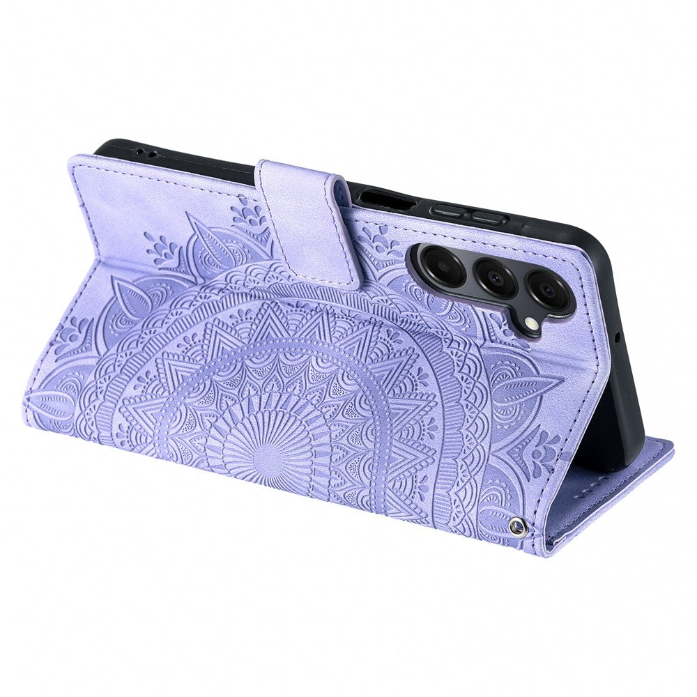 For Samsung Galaxy A57 5G Case Imprinted Totem Skin Feel Wallet Leather Phone Cover with Hand Strap - Purple