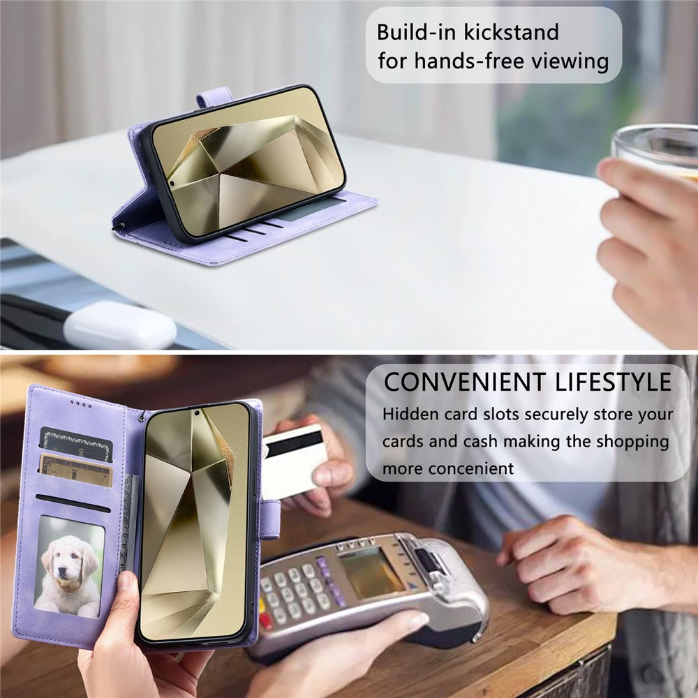 For Samsung Galaxy A57 5G Case Imprinted Totem Skin Feel Wallet Leather Phone Cover with Hand Strap - Purple