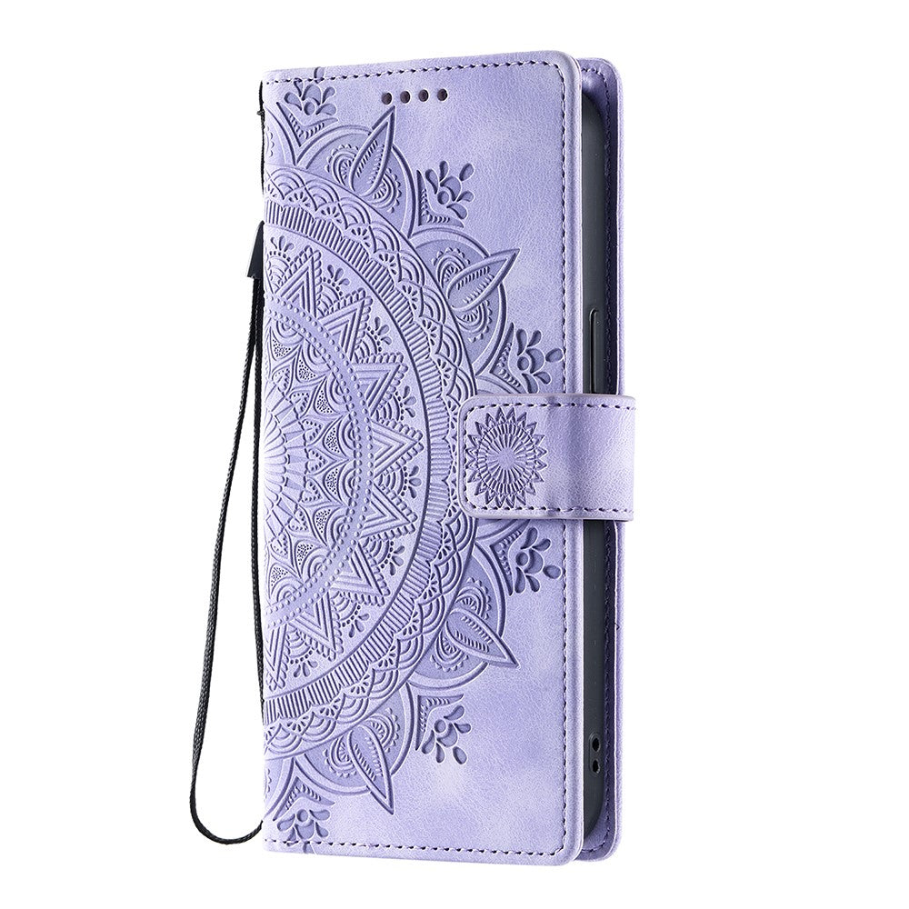 For Samsung Galaxy A57 5G Case Imprinted Totem Skin Feel Wallet Leather Phone Cover with Hand Strap - Purple