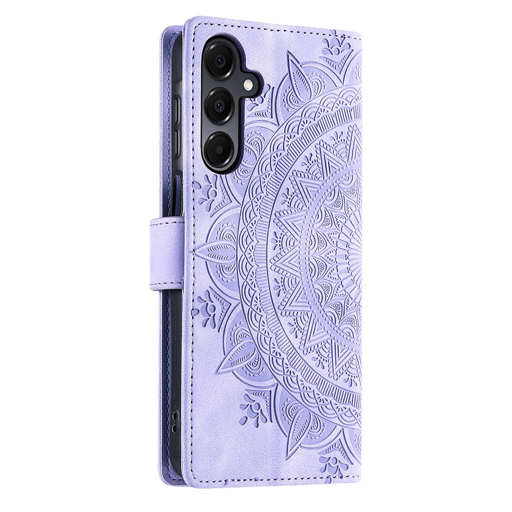 For Samsung Galaxy A57 5G Case Imprinted Totem Skin Feel Wallet Leather Phone Cover with Hand Strap - Purple