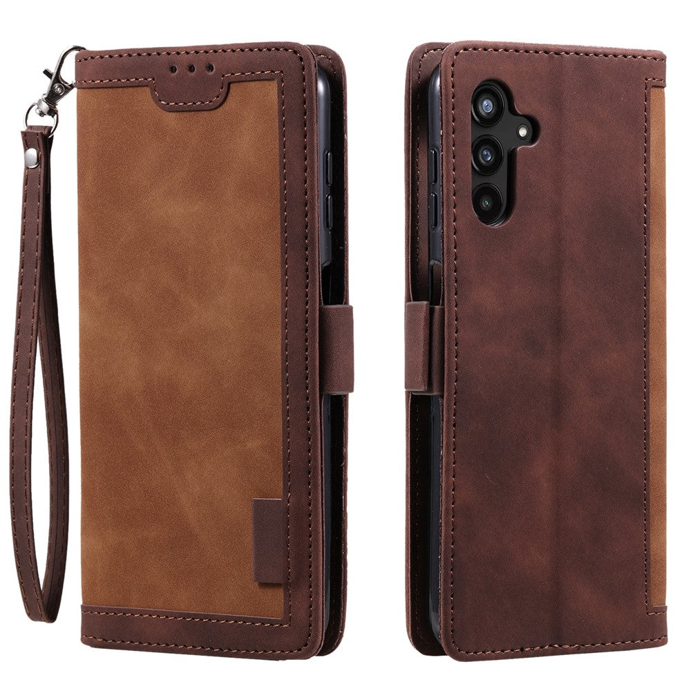For Samsung Galaxy A57 5G Case RFID Blocking Wallet Stand Leather Phone Cover with Wrist Strap - Brown