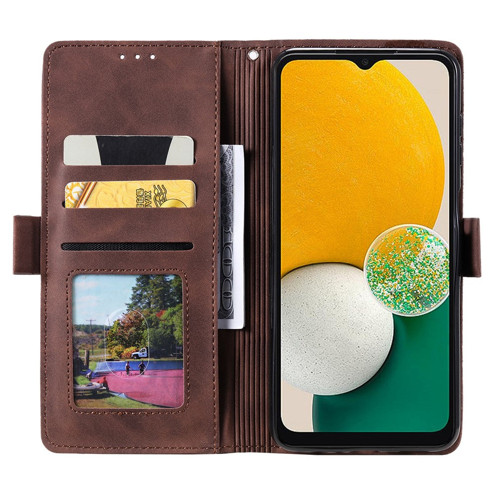 For Samsung Galaxy A57 5G Case RFID Blocking Wallet Stand Leather Phone Cover with Wrist Strap - Brown