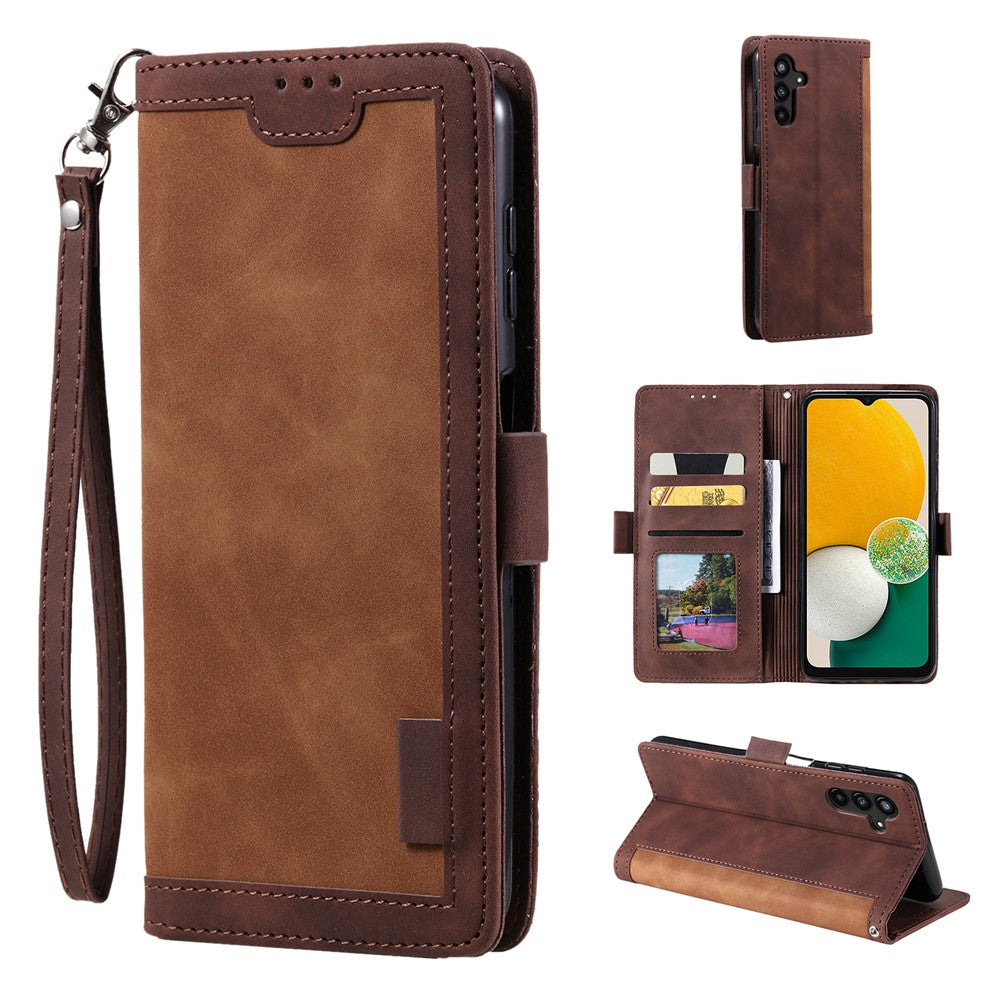 For Samsung Galaxy A57 5G Case RFID Blocking Wallet Stand Leather Phone Cover with Wrist Strap - Brown