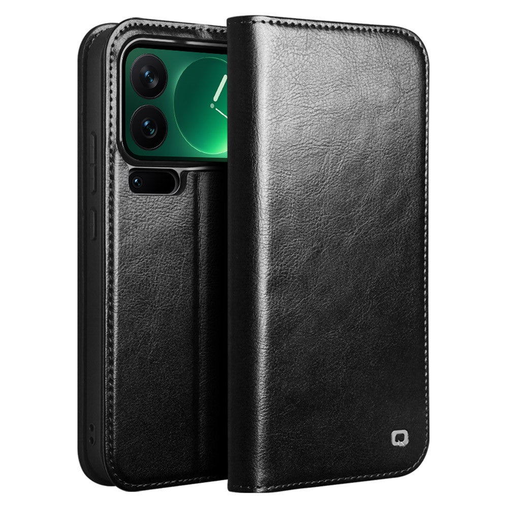 QIALINO For Xiaomi 17 Pro Max Wallet Case Genuine Cow Leather Phone Cover Card Holder Stand - Black