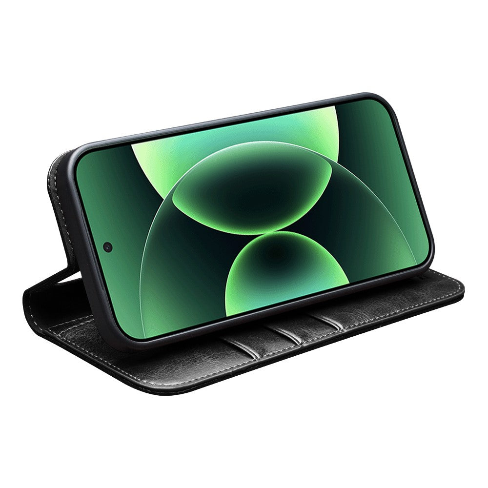 QIALINO For Xiaomi 17 Pro Max Wallet Case Genuine Cow Leather Phone Cover Card Holder Stand - Black