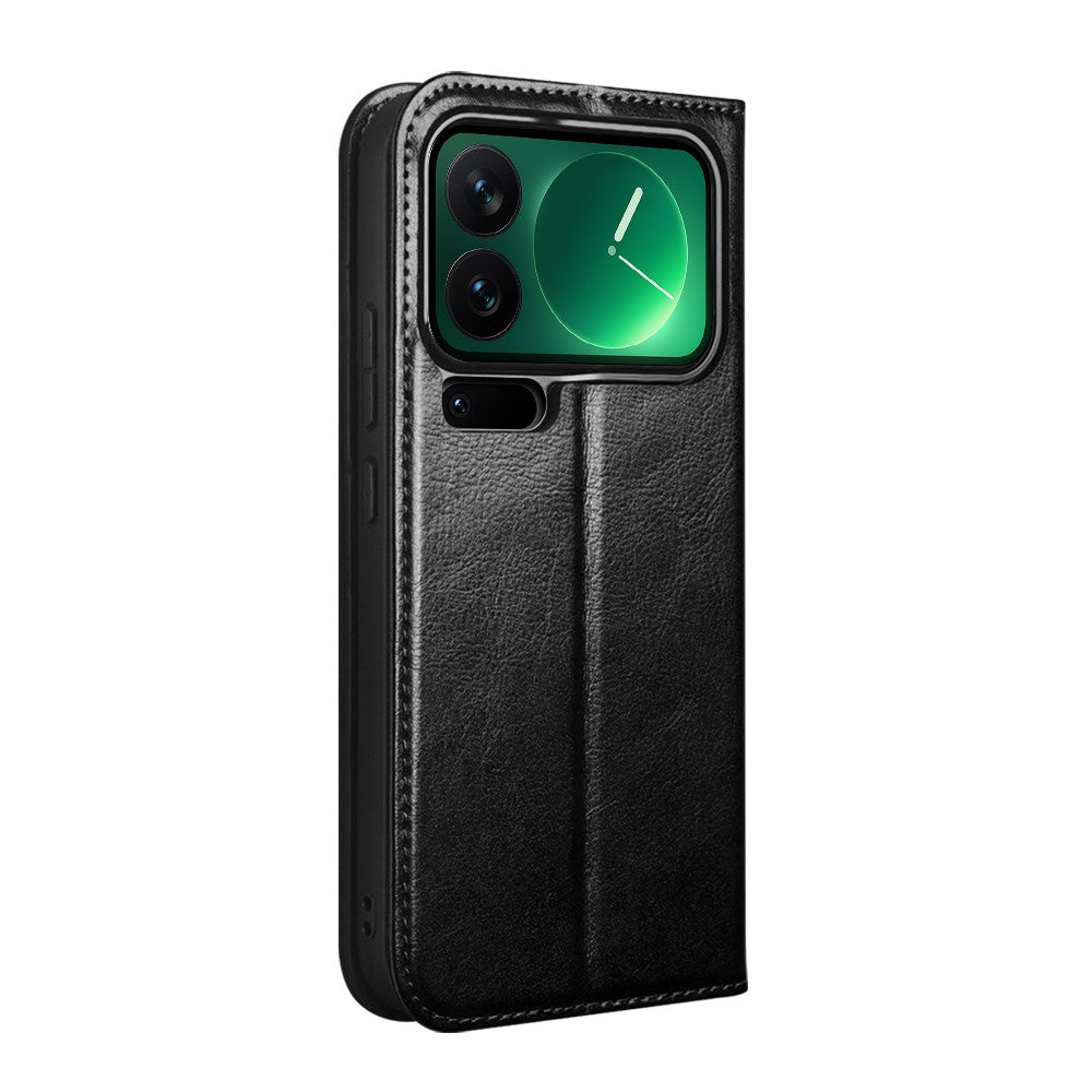 QIALINO For Xiaomi 17 Pro Max Wallet Case Genuine Cow Leather Phone Cover Card Holder Stand - Black
