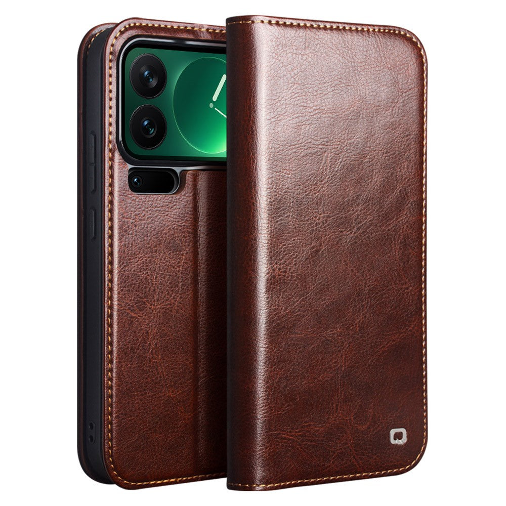 QIALINO For Xiaomi 17 Pro Max Wallet Case Genuine Cow Leather Phone Cover Card Holder Stand - Brown