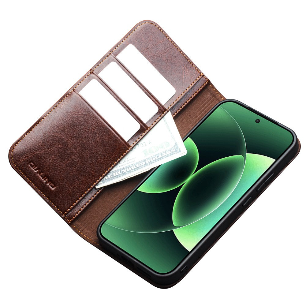 QIALINO For Xiaomi 17 Pro Max Wallet Case Genuine Cow Leather Phone Cover Card Holder Stand - Brown