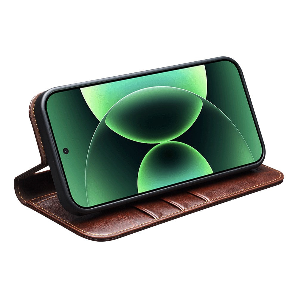 QIALINO For Xiaomi 17 Pro Max Wallet Case Genuine Cow Leather Phone Cover Card Holder Stand - Brown
