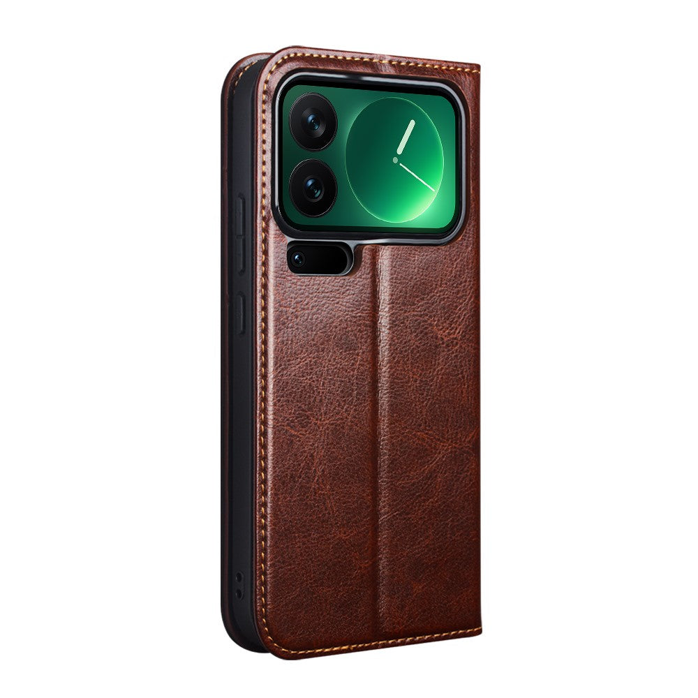 QIALINO For Xiaomi 17 Pro Max Wallet Case Genuine Cow Leather Phone Cover Card Holder Stand - Brown