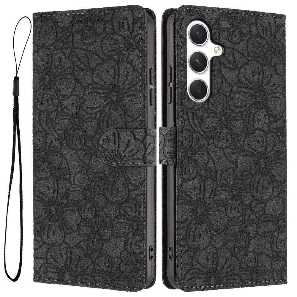 For Samsung Galaxy A57 5G Flip Case Cherry Blossom Pattern Leather Wallet Stand Phone Cover with Wrist Strap - Black