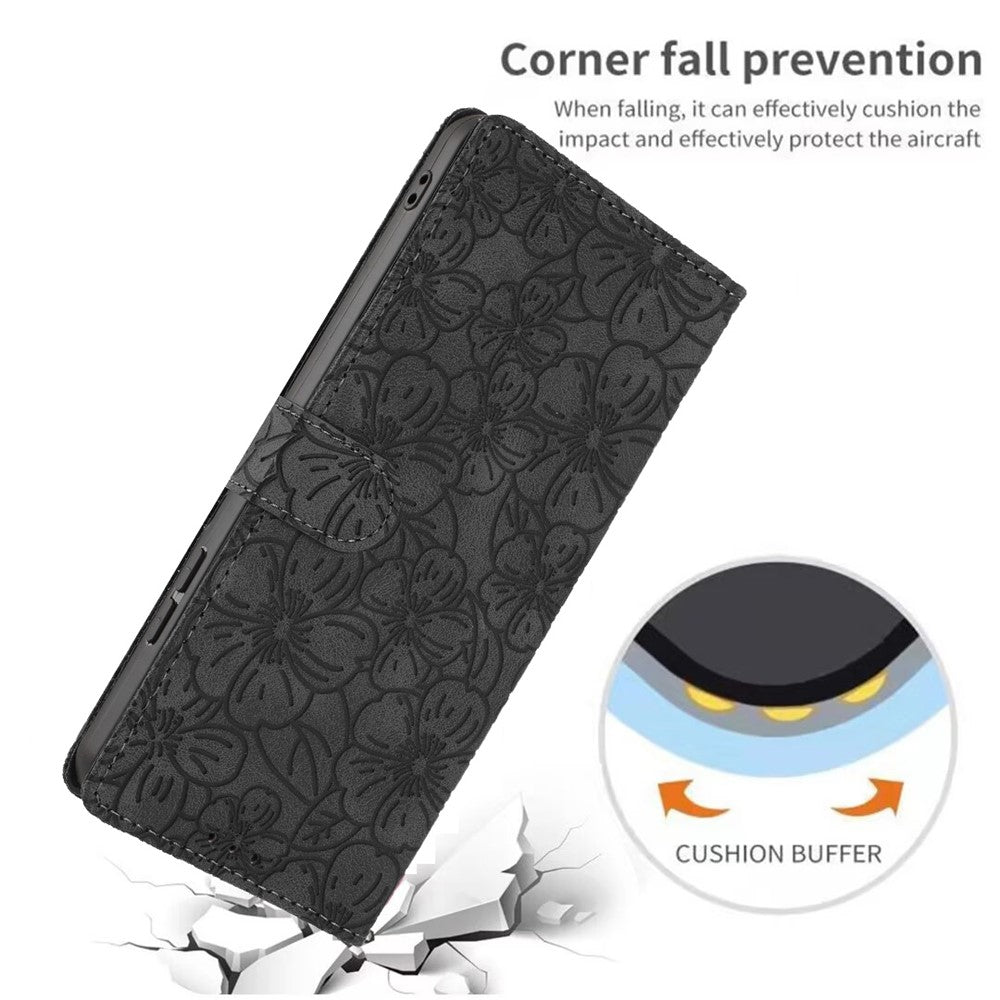 For Samsung Galaxy A57 5G Flip Case Cherry Blossom Pattern Leather Wallet Stand Phone Cover with Wrist Strap - Black