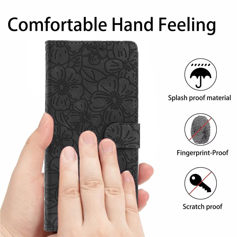 For Samsung Galaxy A57 5G Flip Case Cherry Blossom Pattern Leather Wallet Stand Phone Cover with Wrist Strap - Black