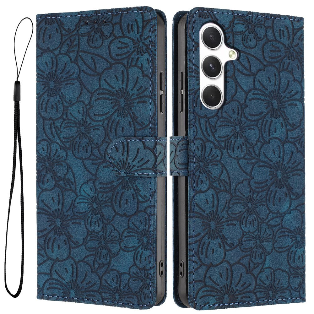 For Samsung Galaxy A57 5G Flip Case Cherry Blossom Pattern Leather Wallet Stand Phone Cover with Wrist Strap - Blue