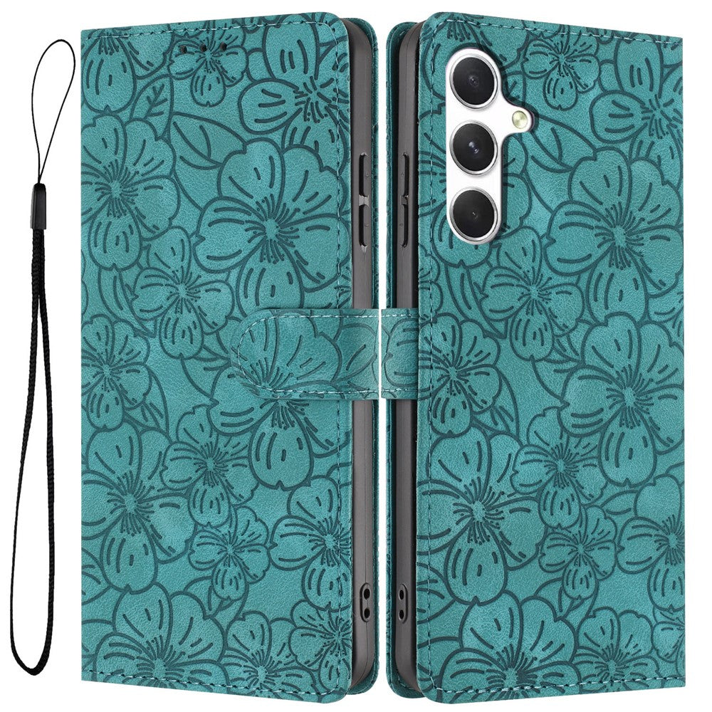 For Samsung Galaxy A57 5G Flip Case Cherry Blossom Pattern Leather Wallet Stand Phone Cover with Wrist Strap - Green