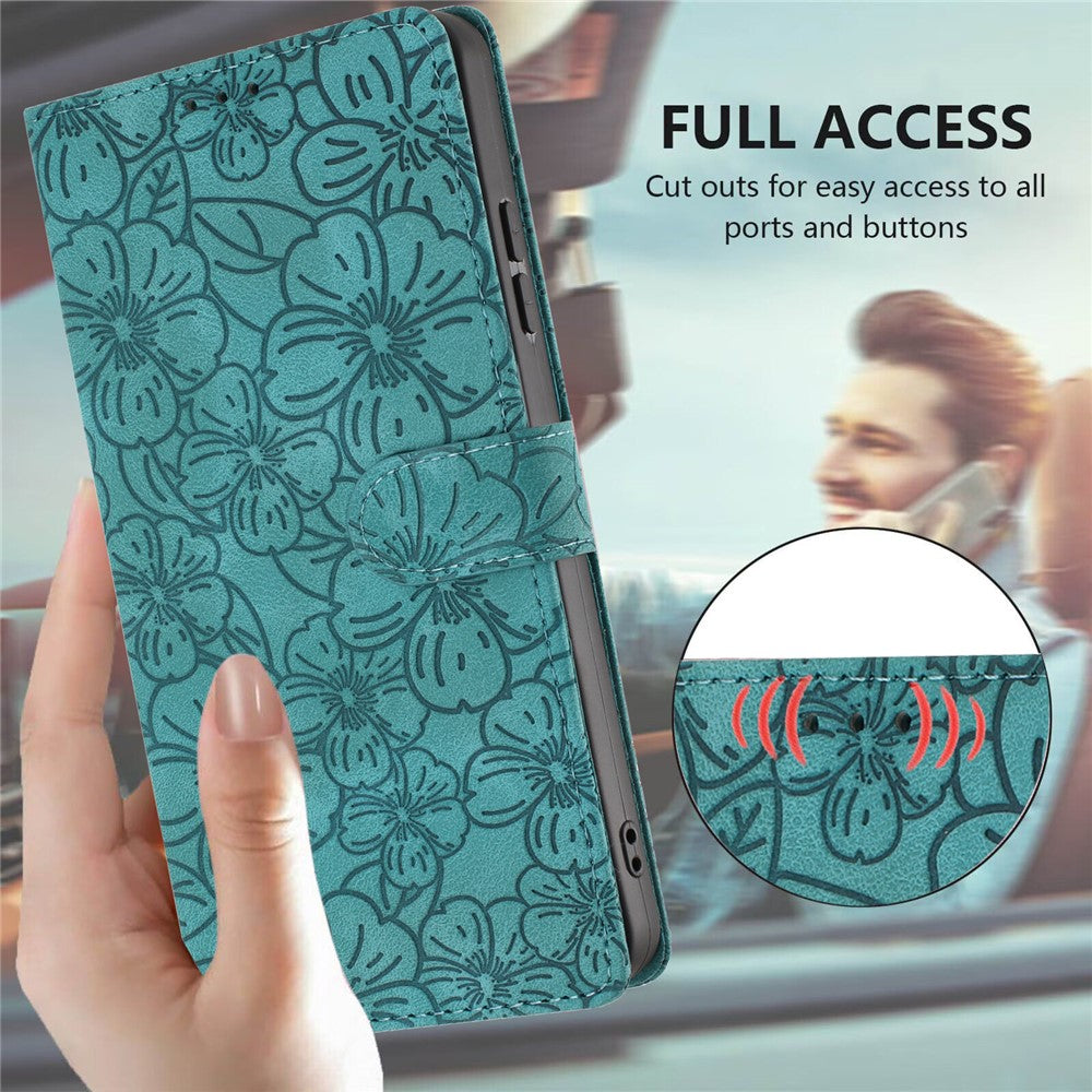 For Samsung Galaxy A57 5G Flip Case Cherry Blossom Pattern Leather Wallet Stand Phone Cover with Wrist Strap - Green