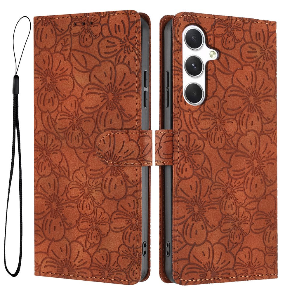 For Samsung Galaxy A57 5G Flip Case Cherry Blossom Pattern Leather Wallet Stand Phone Cover with Wrist Strap - Brown
