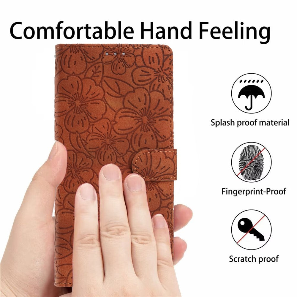 For Samsung Galaxy A57 5G Flip Case Cherry Blossom Pattern Leather Wallet Stand Phone Cover with Wrist Strap - Brown