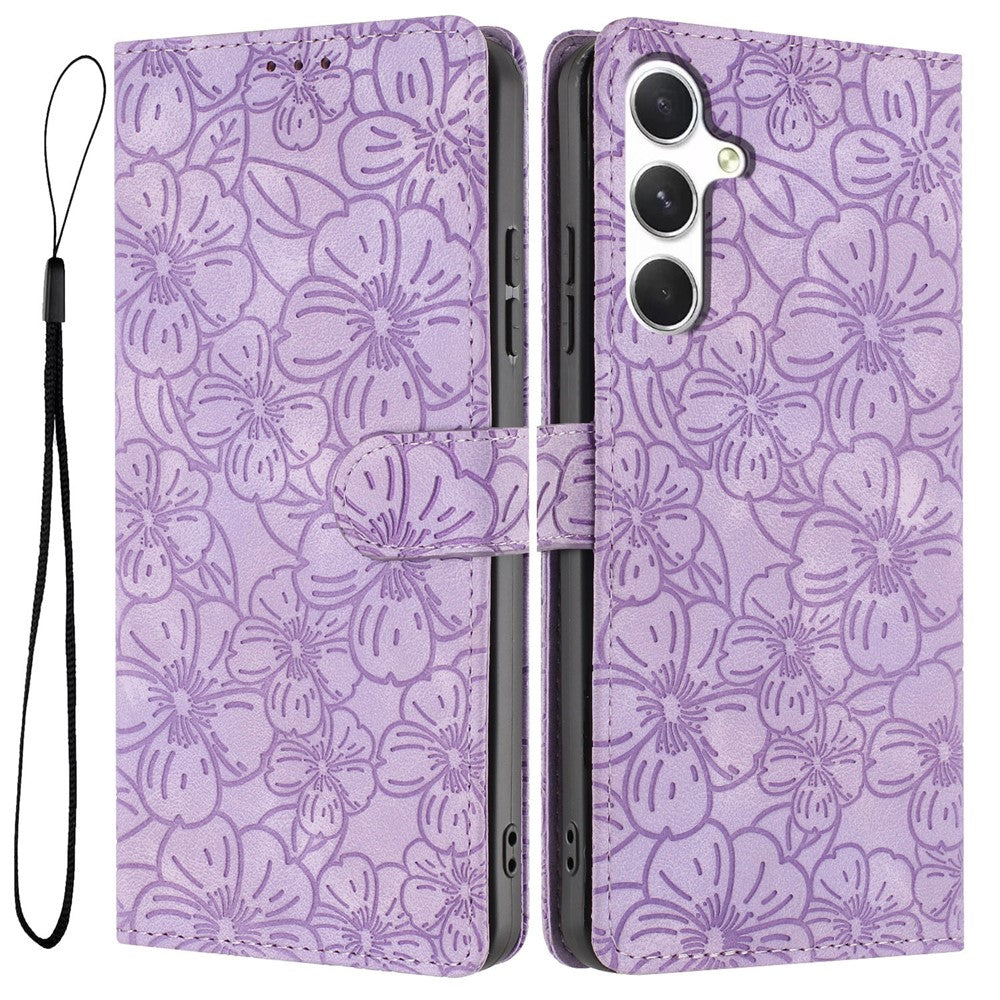 For Samsung Galaxy A57 5G Flip Case Cherry Blossom Pattern Leather Wallet Stand Phone Cover with Wrist Strap - Purple