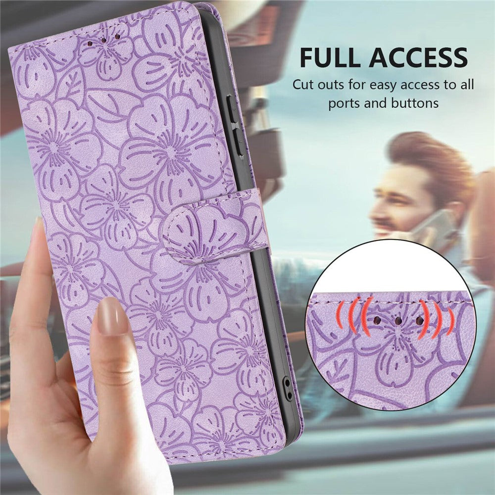 For Samsung Galaxy A57 5G Flip Case Cherry Blossom Pattern Leather Wallet Stand Phone Cover with Wrist Strap - Purple