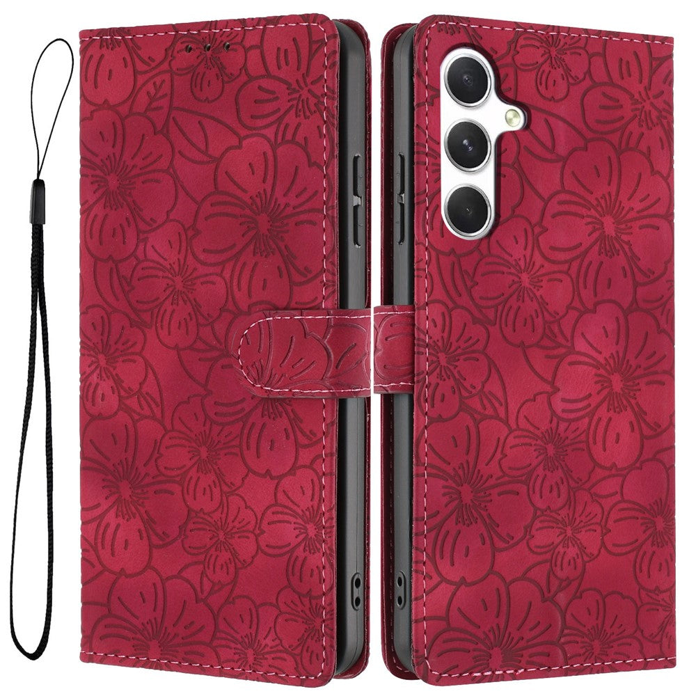 For Samsung Galaxy A57 5G Flip Case Cherry Blossom Pattern Leather Wallet Stand Phone Cover with Wrist Strap - Wine Red