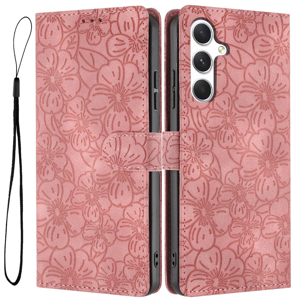 For Samsung Galaxy A57 5G Flip Case Cherry Blossom Pattern Leather Wallet Stand Phone Cover with Wrist Strap - Pink